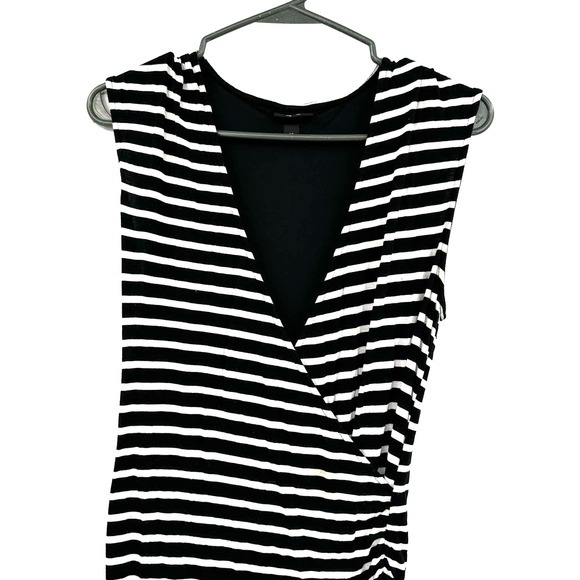 Mossimo size small black white striped fitted v neck dress midi ruched - Picture 3 of 6